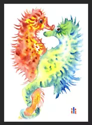 Buy ACEO Watercolor Print Cute Seahorses Couple Fine Art Painting By Ili • 3.50£