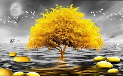 Buy Black And White Scenery Pictures Yellow Tree Wall Paintings Canvas Prints Home • 15.88£