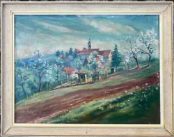 Buy Oil Painting Sign H.Brown 1948 Spring Landscape Cherry Blossoms Village & Church • 220.44£