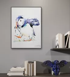 Buy Large Elle Smith New Original Signed Watercolour Art Painting Of A Puffin Bird  • 45£
