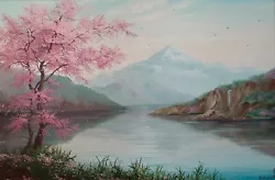 Buy Ukraine Art. Large Blossom Sakura Mountains Oil Painting, Cherry Tree Blossoming • 574.87£