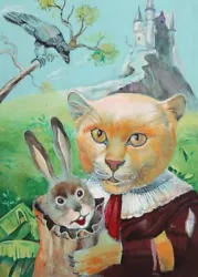 Buy Surrealist Fairy Tale Tiger & Rabbit Gouache Painting • 128.08£