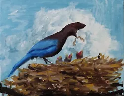 Buy Oil Painting Songbird Stellar's Blue Jay Bird Songbird Animal Art A. Joli • 66.92£