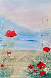 Buy Oil Paintings Original Mountains Sea Poppy  Seascape Artwork 30x20 Cm • 66.15£