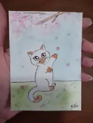 Buy Aceo Original Painting Cat Kitty Siamese Cherry Blossom WatercolorInk 2.5x3.5in. • 4.55£