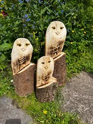 Buy 3x Carved Owls Chainsaw Carving Natural Wood Garden Decoration  • 40£
