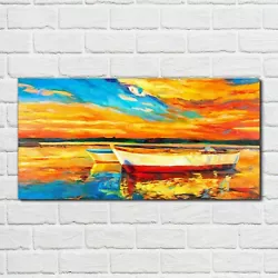 Buy Glass Print 100x50 Painting Sea Port Boat Sky Sunset Wall Art Home Decor  • 89.99£