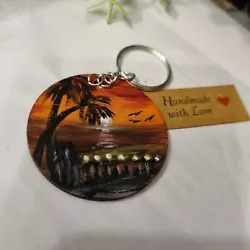 Buy Handpainted Beach Sunset On Roound Wooden Keyring , Sunset Sea 5 Cm Perfect Gift • 8.77£