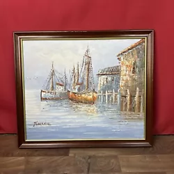 Buy Oil On Canvas Painting Harbour Morning Scene Sail Fishing Boats Signed Florence  • 34.99£