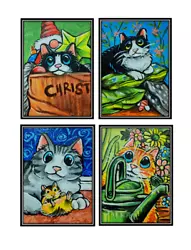 Buy ACEO Original Cats 4 Pcs Art Card Acrylic 100% Hand Painting Free Shipping • 18.19£