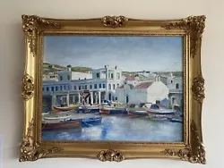Buy Stunning Large Canvas Oil Painting Gold Frame Spain Italy Greece Boat Dock Sea • 89£