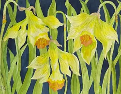 Buy Painting Watercolor Original Art Flowers Daffodils Yellow Green 11x14 Mat 16x20 • 136.43£