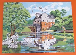 Buy Vintage Retro Paint By Number Picture Oil Painting River Scene Swans Kitsch Art • 16£