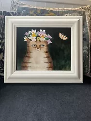 Buy Vintage Unsigned Oil Naïve Painting After Mary Feddon Cat With Butterfly Rare • 74.99£