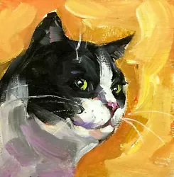 Buy Original Oil Painting Black White Cat Cute Pet Portrait Impressionism Signed • 23.15£