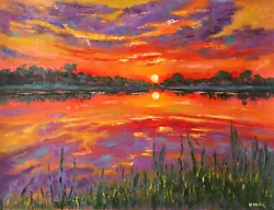 Buy Original Oil Sunset Painting Landscape Sky Signed Modern Abstract Art 24x19 Inch • 315£