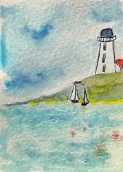 Buy Original Watercolour ACEO Of Lighthouse. Pen And Wash Boats And Lighthouse. • 3£