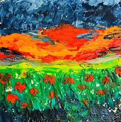 Buy Poppy Field Landscape Paintings Original Art Wildflowers Oil Impasto Palette • 21.50£