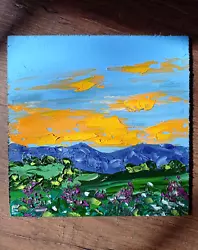 Buy Original Painting Sunset Meadow Landscape Oil Flowers Wall Art Sky Size 6 X 6 In • 28.10£