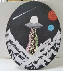 Buy Original Artwork Acrylic On Canvas 20x16 Oval Space Ship Aliens Planets OOAK  • 53.75£