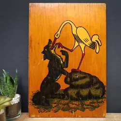 Buy Unusual Vintage Wall Art Painting On Wood Aesops Fables Wolf Crane Bird Animals • 20£