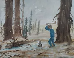 Buy Oil Painting Man Chopping Wood Winter Snow Trees Forest Landscape Art A. Joli • 82.69£