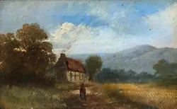 Buy British School Signed Antique Oil Painting Cottage & Figure Corn Field Landscape • 93£