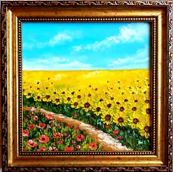 Buy Original Sunflowers Field Painting Landscape Flowers Artwork Poppy Art • 41.82£