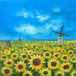 Buy Original Oil Painting Sunflower Field Art Windmills Painting Sunflowers Artwork • 70.28£