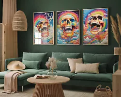 Buy Skull Rainbow Set Of Three Art Print Painting Poster Quirky Decor • 15£