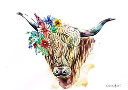 Buy Highland Cow In Spring Original Watercolour Painting 3, Original Art Not A Print • 59.99£