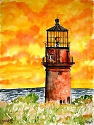 Buy Gay Head Lighthouse Watercolor Painting Art Print Signed Nautical Orange • 28.34£