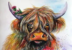 Buy PRINT A3 Of An Original Watercolour Painting Mounted Scottish Highland Cow (4) • 35£