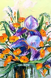 Buy Poppy Painting Iris Hand Painted Bouquet Flowers Artwork Textured Art 12x8  • 52.36£