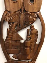 Buy 2 VTG OWL Ethnic Hand Carved Wooden Wall Plaques With Village Man Woman Scene  • 49.86£