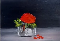 Buy ACEO Original Miniature Oil Painting. Red Rose In A Vase. Still Life. Flowers. • 0.99£