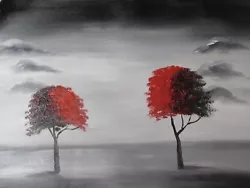 Buy Minimal Red Trees Large Oil Painting Canvas Black White Original Abstract Modern • 24.95£