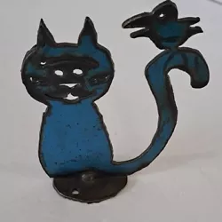 Buy Metal Cat With Bird On Tail Folk Art On Base Blue And Black Rustic 5  • 14.14£
