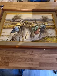 Buy Vintage Framed & Signed Oil Painting Asian Paddy Field Workers • 45£