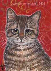 Buy ACEO ATC Original Painting Tabby Kitten Cat My First Christmas Anne Marsh Art • 29.99£