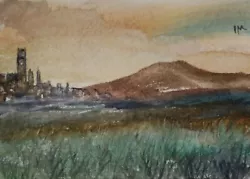 Buy ACEO Original Painting Landscape Hills Art Town Mountain Watercolour • 6£