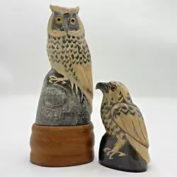 Buy 5  Hand Carved Buffalo Horn Owl On Wood Stand & 3.5  Eagle/Hawk              B11 • 20£
