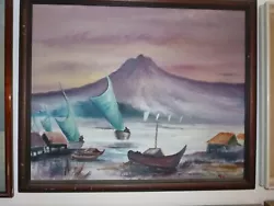 Buy Vintage Oil Painting On Canvas North Seascape, Boats Village Mountain 44x54 Cm • 29.99£