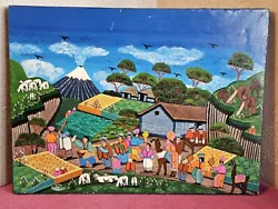 Buy Cesar Cuyo Ecuadorian Folk Art Acrylic Painting On Sheepskin Of Village Scene • 19.99£
