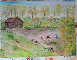 Buy  Feeding The  Chickens, Cottage Trees  Fence 30x40cm Canvas In Oils Unframed.  • 15£