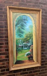 Buy HUGE 56 X32 ORIGINAL VINTAGE FRAMED OIL PAINTING FOUNTAIN FLOWERS  GARDEN CHAIRS • 825£