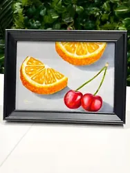 Buy Orange Cherry Oil Painting-FRAMED Fruits Art Effordable Decor Citrus Realism • 60£