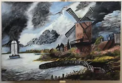 Buy Vintage Oil Painting On Canvas Landscape With Windmill By The Seaside 76x50cm • 25£
