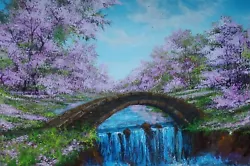 Buy Large Bridge In Blossom Sakura Park, Cherry Tree Blossoming With A Waterfall ART • 574.87£