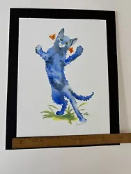 Buy Kitten Abstract Watercolour Blue Cat Lizzie Hall British Mounted Butterfly Play • 15£